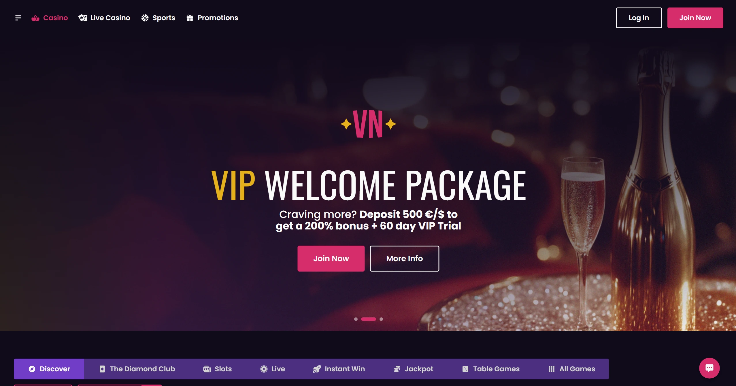 Vegas Now frontpage with VIP welcome package